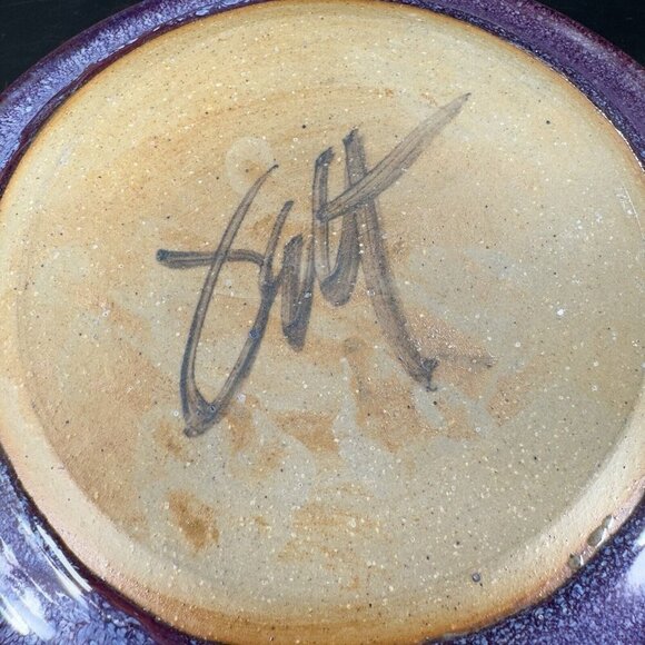 Hand Made Vintage Pottery Dish Tray With Handles Purple Drip Glaze Artist Signed - Picture 4 of 15